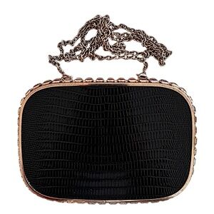 VIOLET RAY Boxed Clutch Purse 6.5”x 4.5”x 1.5” Evening Black & Gold Croc